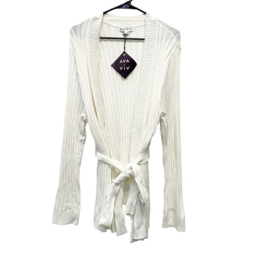 Ava & Viv Women's Knit‎ Ribbed Tie Front Cardigan Sweater White Size 1X